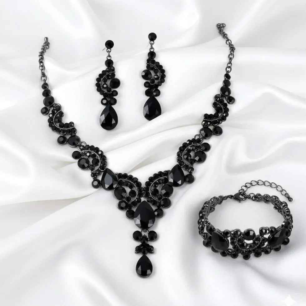 Elegant Black Bridal Jewelry Set | Black Crystal Necklace, Earrings & Bracelet