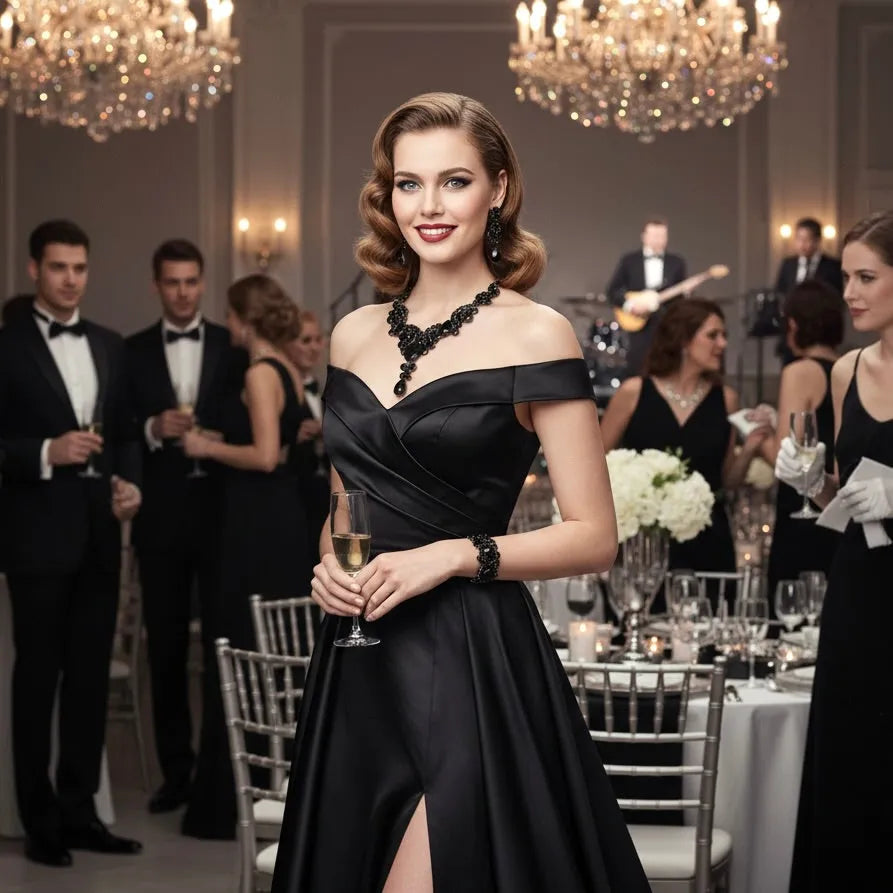 Elegant Black Bridal Jewelry Set | Black Crystal Necklace, Earrings & Bracelet