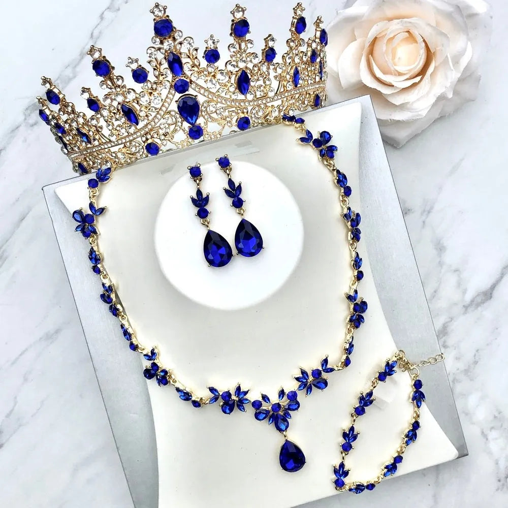 Wedding Jewelry and Accessories - Blue Crystal 4-Piece Bridal Jewelry Set With Tiara - Available in Silver and Gold