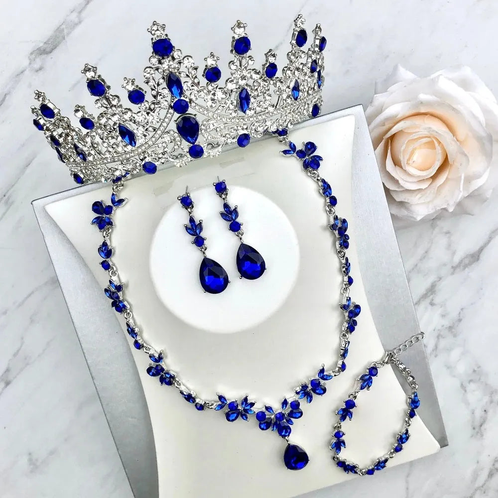 Wedding Jewelry and Accessories - Blue Crystal 4-Piece Bridal Jewelry Set With Tiara - Available in Silver and Gold