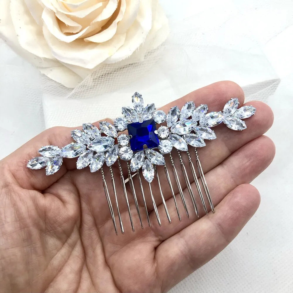Wedding Hair Accessories - Blue Cubic Zirconia Bridal Hair Comb