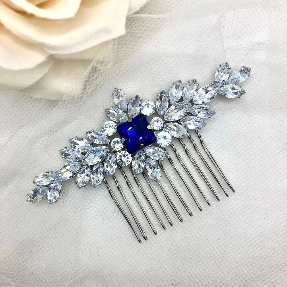 Wedding Hair Accessories - Blue Cubic Zirconia Bridal Hair Comb
