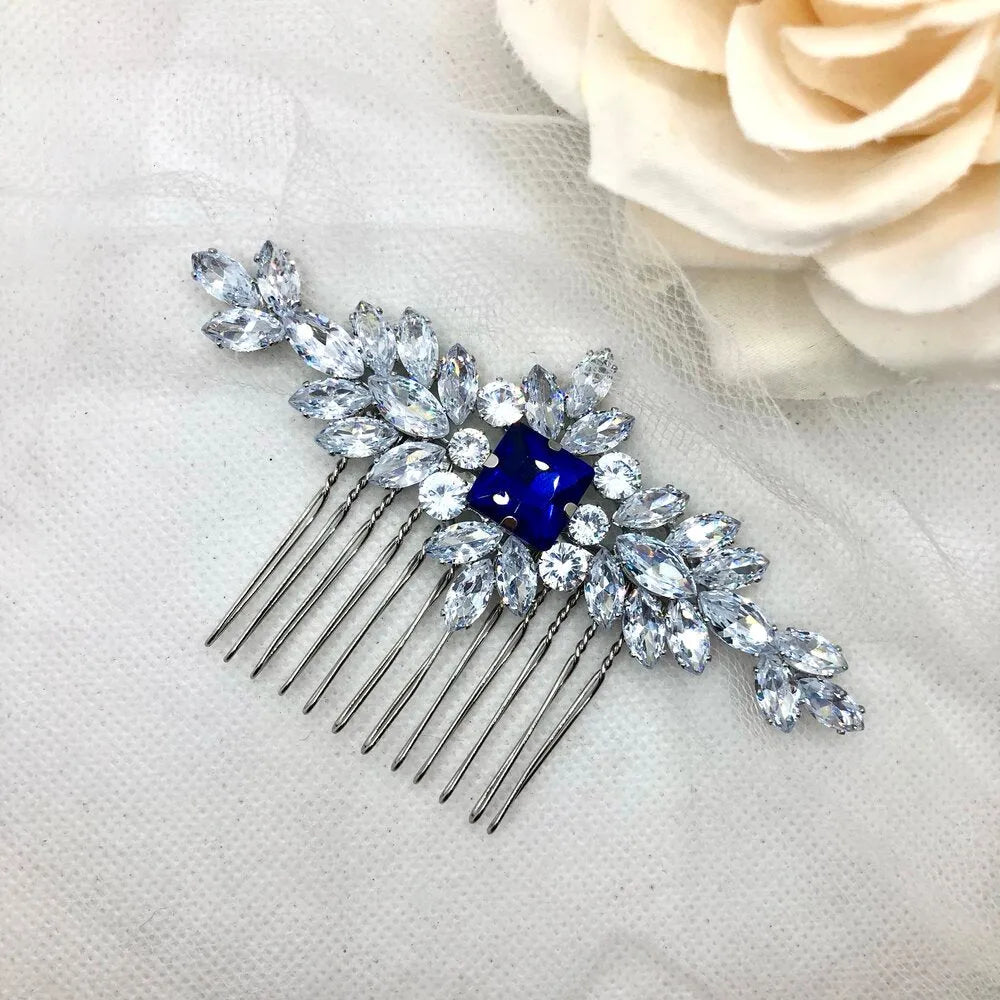 Wedding Hair Accessories - Blue Cubic Zirconia Bridal Hair Comb