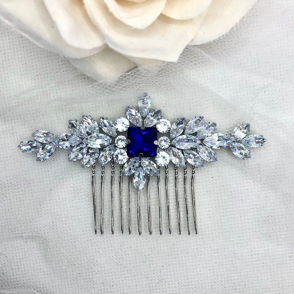 Wedding Hair Accessories - Blue Cubic Zirconia Bridal Hair Comb