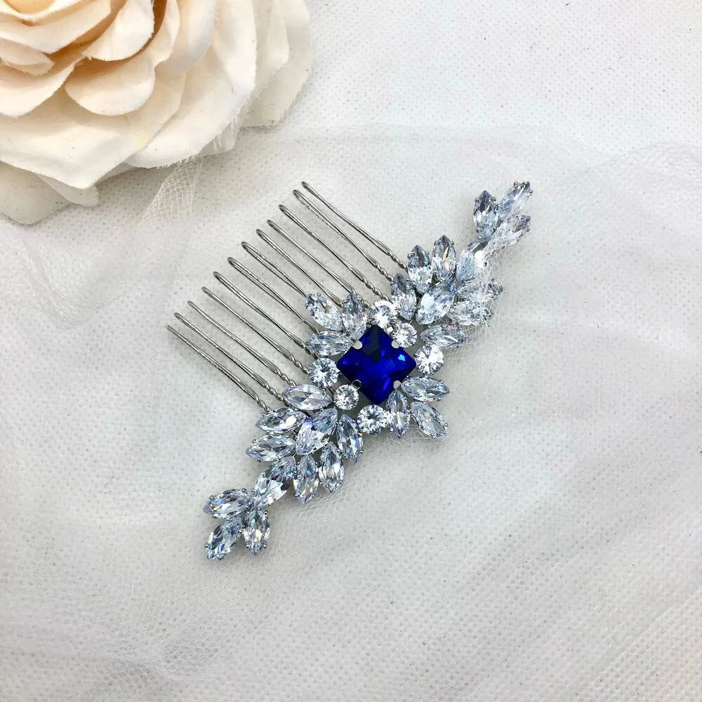 Wedding Hair Accessories - Blue Cubic Zirconia Bridal Hair Comb