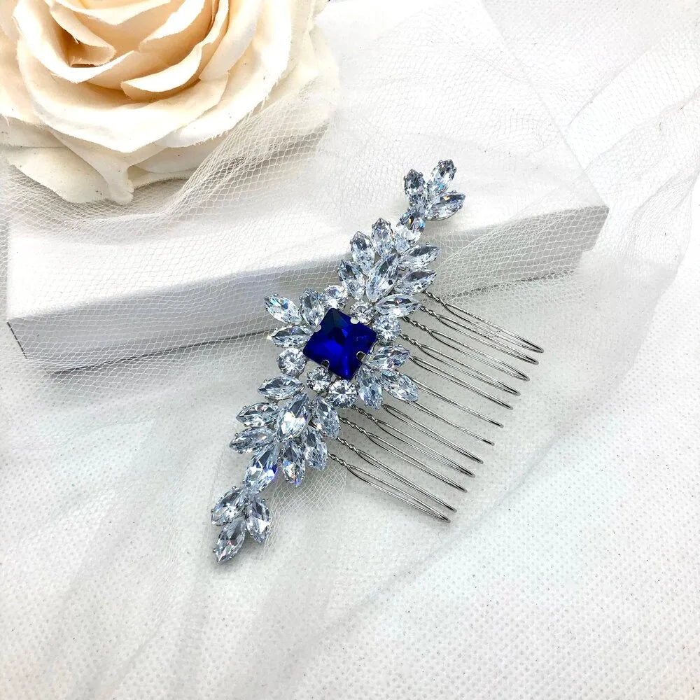 Wedding Hair Accessories - Blue Cubic Zirconia Bridal Hair Comb