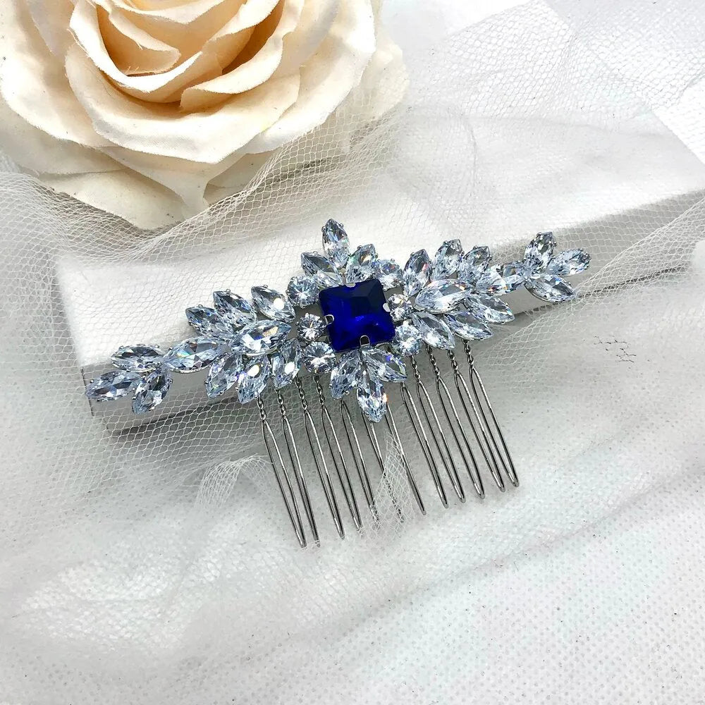 Wedding Hair Accessories - Blue Cubic Zirconia Bridal Hair Comb
