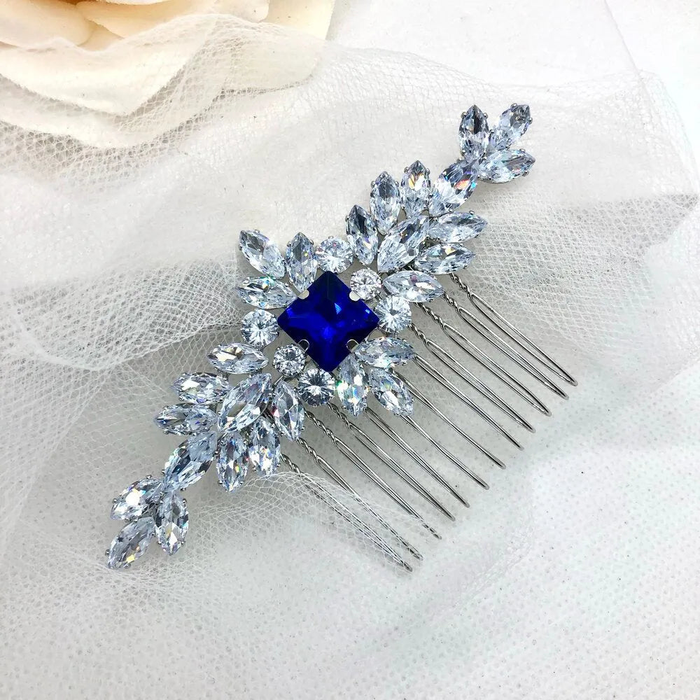 Wedding Hair Accessories - Blue Cubic Zirconia Bridal Hair Comb