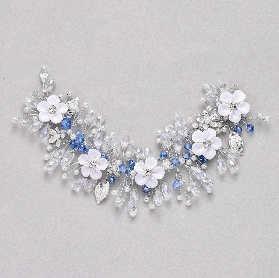 Wedding Hair Accessories - Blue Ceramic Flowers Bridal Headband / Hair Vine