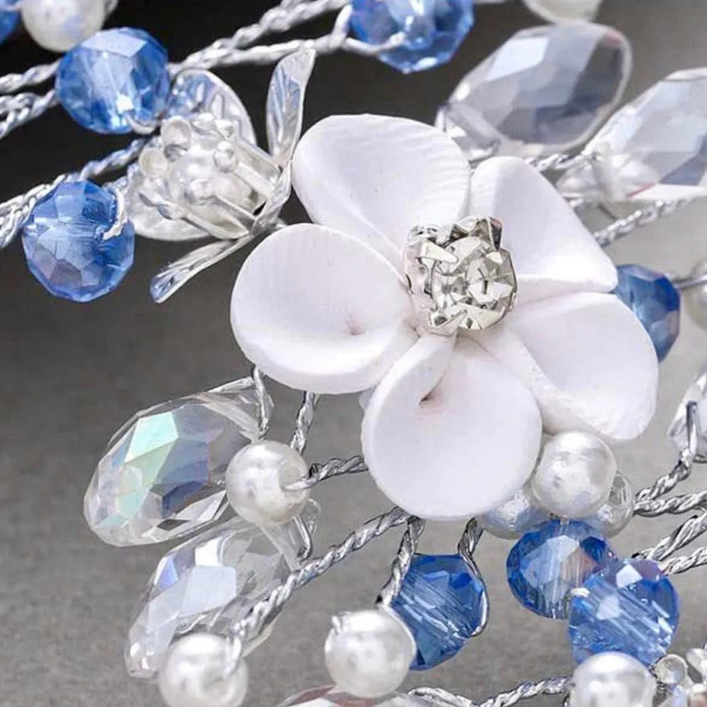 Wedding Hair Accessories - Blue Ceramic Flowers Bridal Headband / Hair Vine