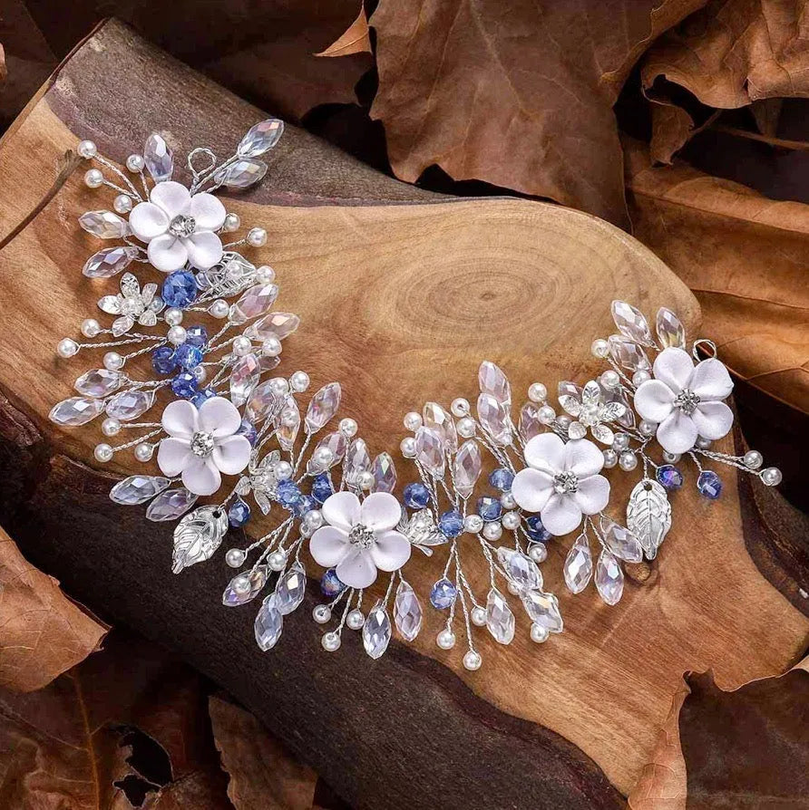 Wedding Hair Accessories - Blue Ceramic Flowers Bridal Headband / Hair Vine