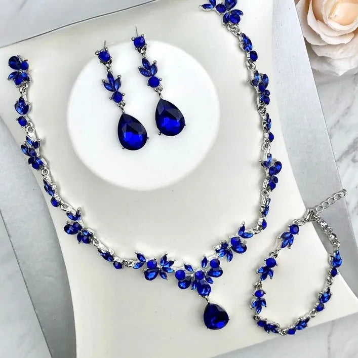 Wedding Jewelry and Accessories - Blue Crystal 4-Piece Bridal Jewelry Set With Tiara - Available in Silver and Gold
