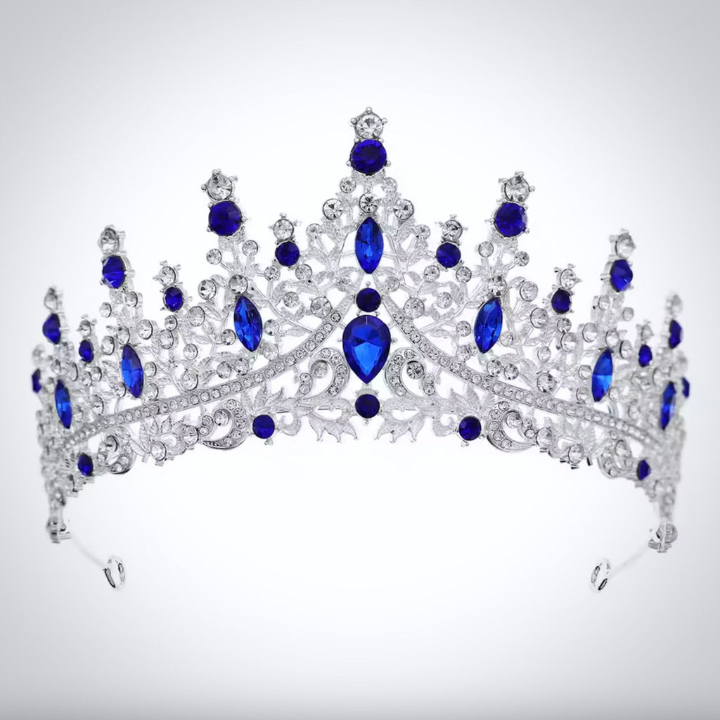 Wedding Hair Accessories - Baroque Bridal Tiara - Silver with Blue Crystals