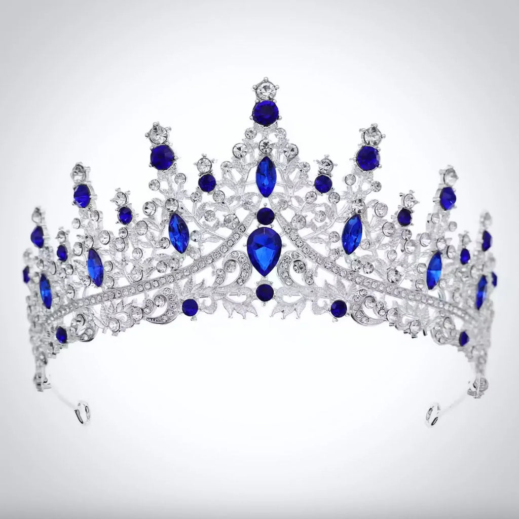 Wedding Hair Accessories - Baroque Bridal Tiara - Silver with Blue Crystals