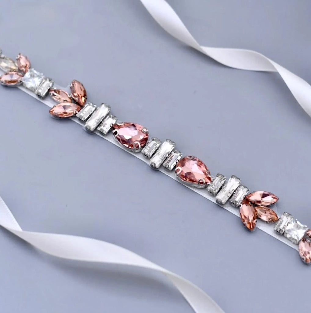 Wedding Accessories - Peach Crystal Bridal Belt/Sash
