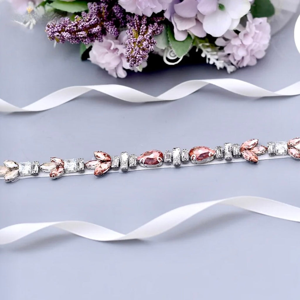 Wedding Accessories - Peach Crystal Bridal Belt/Sash