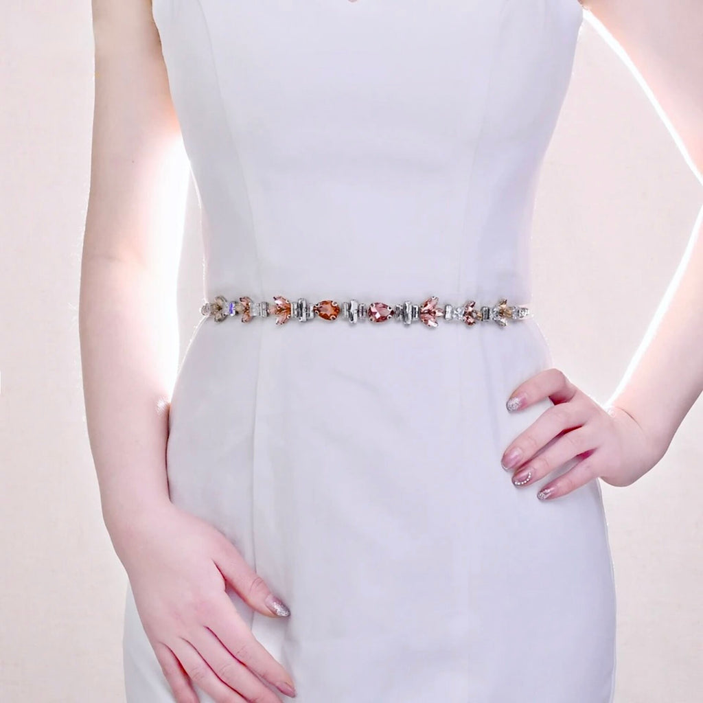 Wedding Accessories - Peach Crystal Bridal Belt/Sash