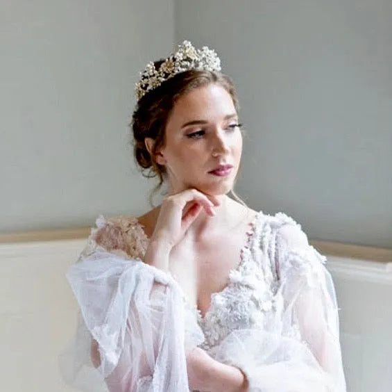 Estelle Bridal Tiara Wedding Hair Accessories | Gold Pearl and Cubic Zirconia  main image 3