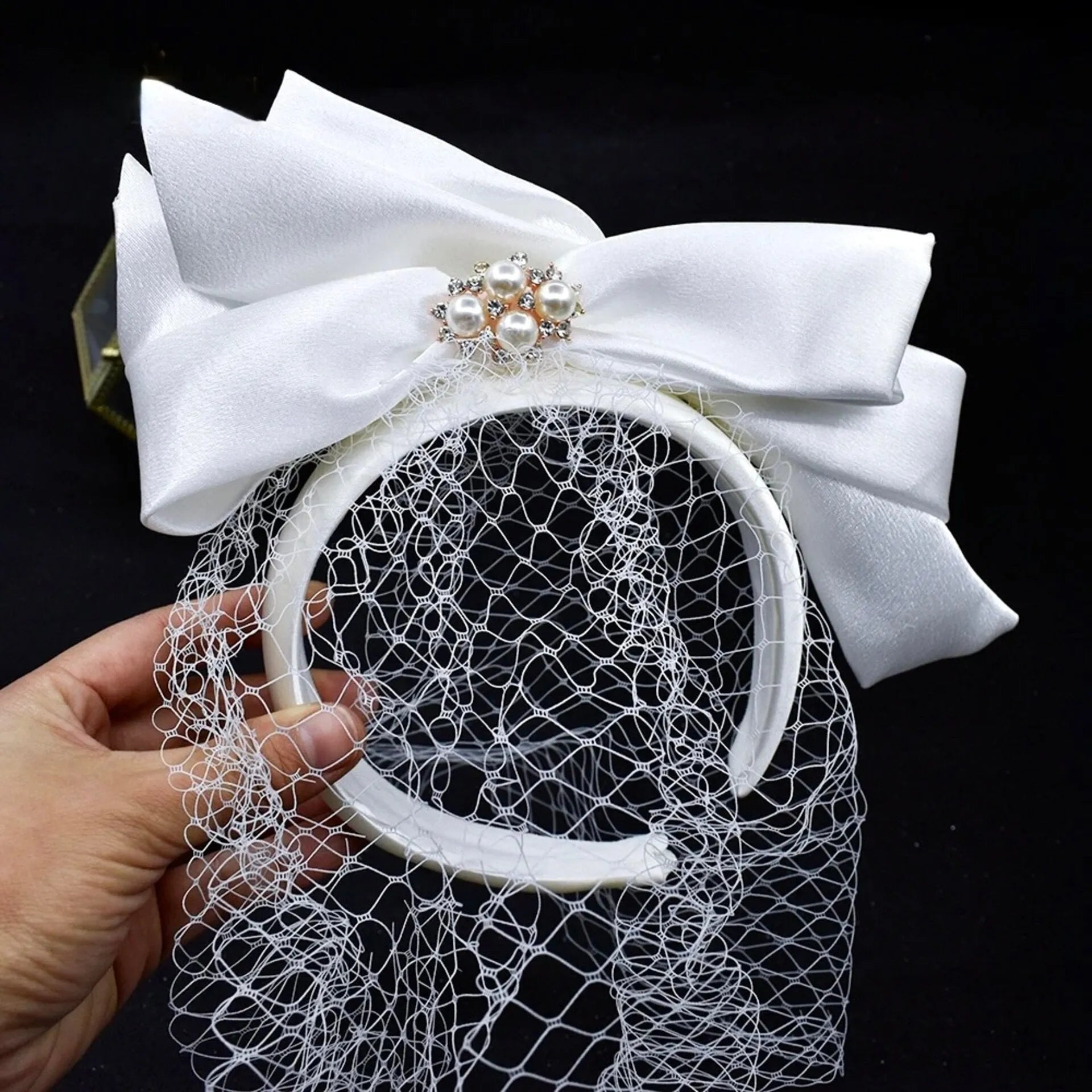 Satin Birdcage Veil - Flat Headband Our new mini headband birdcage veil is perfect for your  main image 3
