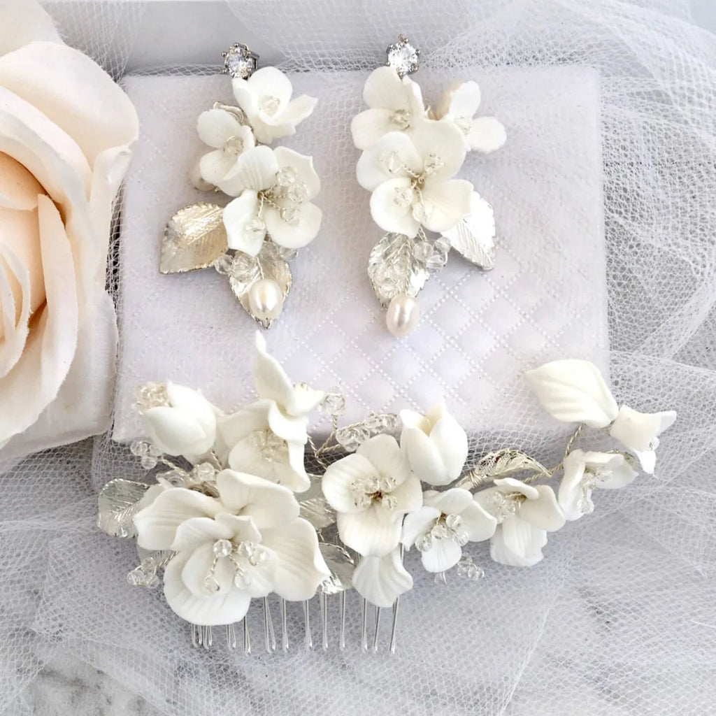 Wedding Hair Accessories - Ceramic Flowers Bridal Hair Comb and Earrings Set - Available in Silver and Gold