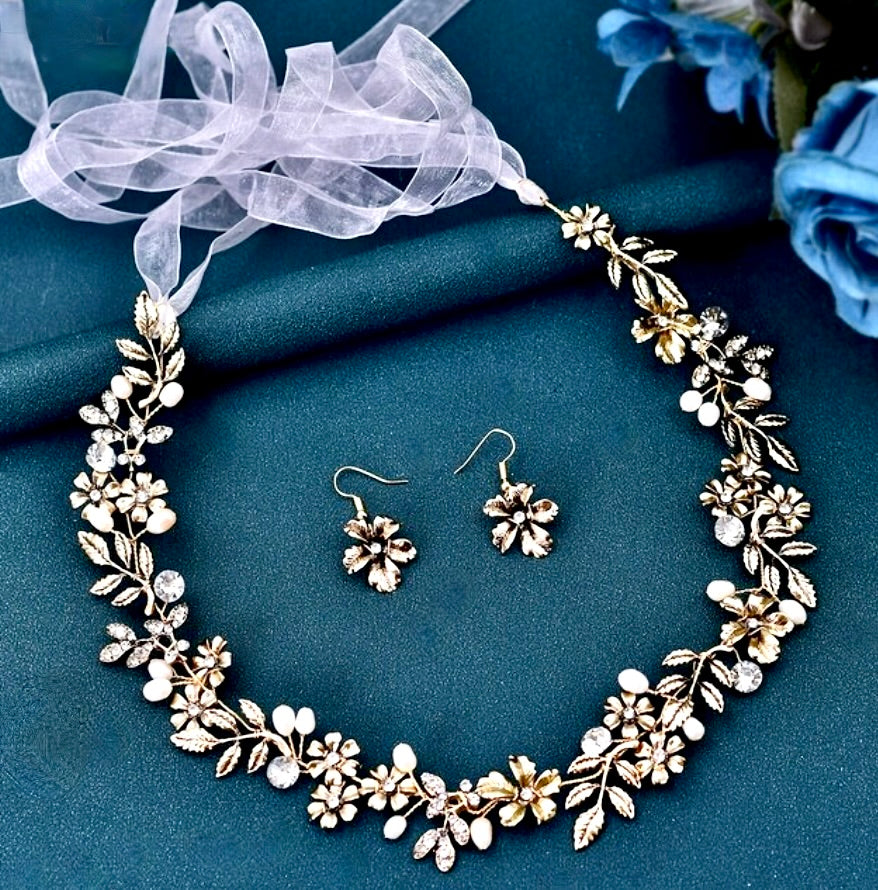 Wedding Pearl Jewelry - Vintage Gold Bridal Headband And Earrings Set