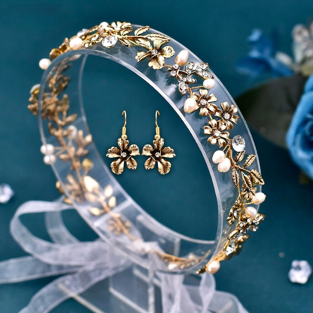 Wedding Pearl Jewelry - Vintage Gold Bridal Headband And Earrings Set