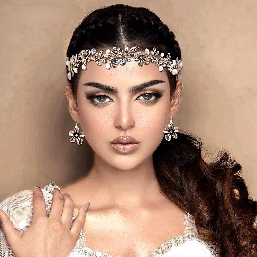 Wedding Pearl Jewelry - Vintage Gold Bridal Headband And Earrings Set