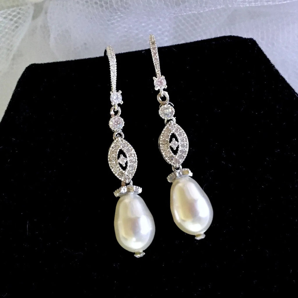 Wedding Jewelry - Swarovski Pearl and Cubic Zirconia Bridal Earrings