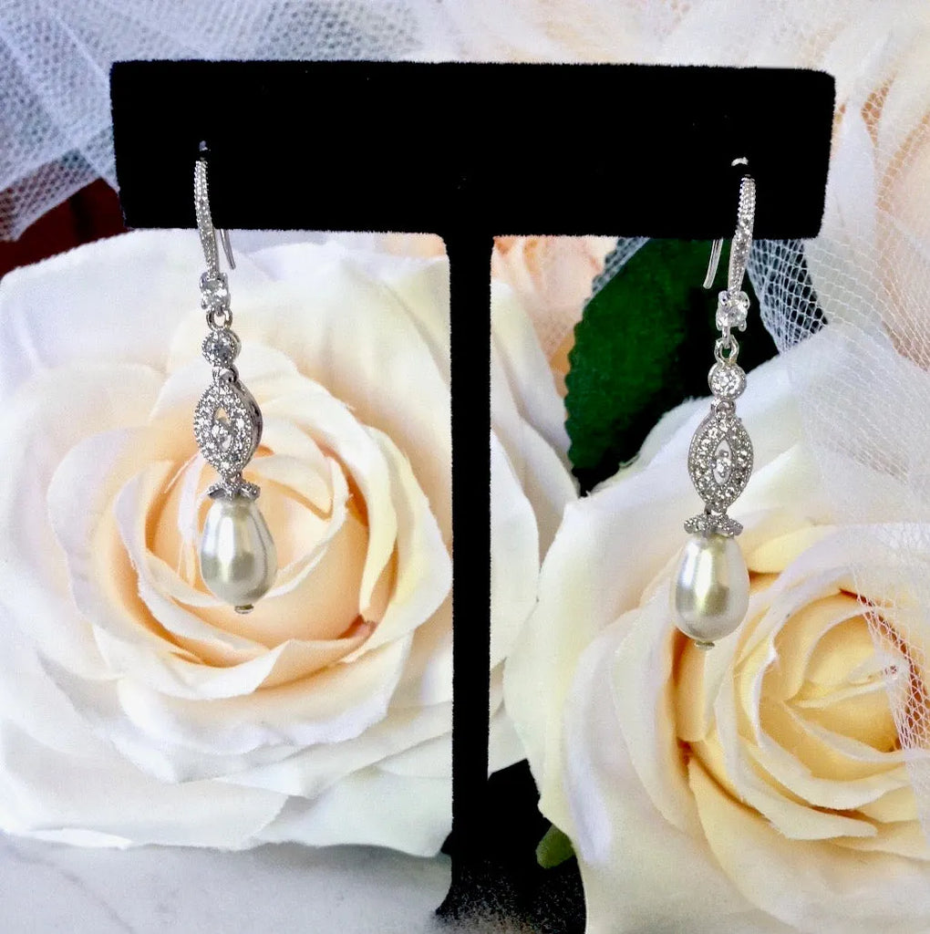 Wedding Jewelry - Swarovski Pearl and Cubic Zirconia Bridal Earrings
