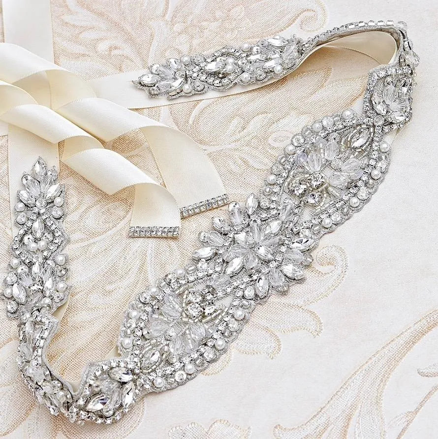 Wedding Accessories - Silver Crystal and Pearl Bridal Belt/Sash