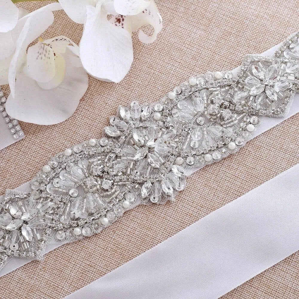 Wedding Accessories - Silver Crystal and Pearl Bridal Belt/Sash