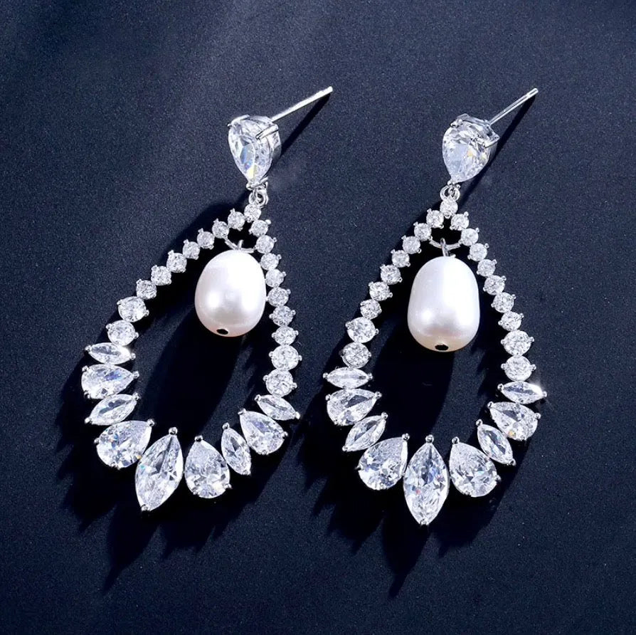 Wedding Jewelry - Pearl and Cubic Zirconia Bridal Earrings - Available in Silver and Rose Gold