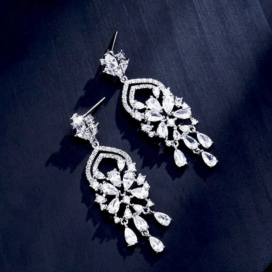 Wedding Jewelry - Silver Cubic Zirconia Bridal Earrings