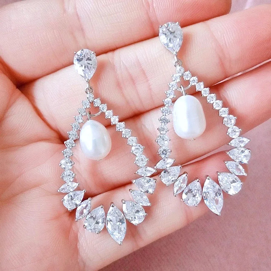 Wedding Jewelry - Pearl and Cubic Zirconia Bridal Earrings - Available in Silver and Rose Gold