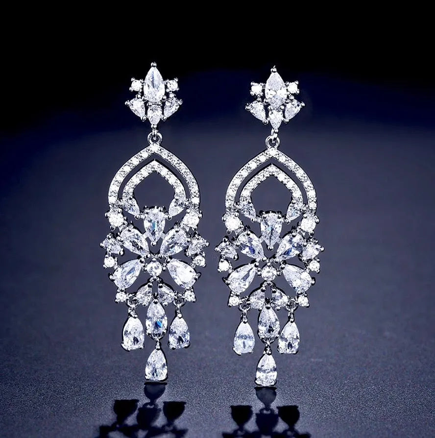 Wedding Jewelry - Silver Cubic Zirconia Bridal Earrings