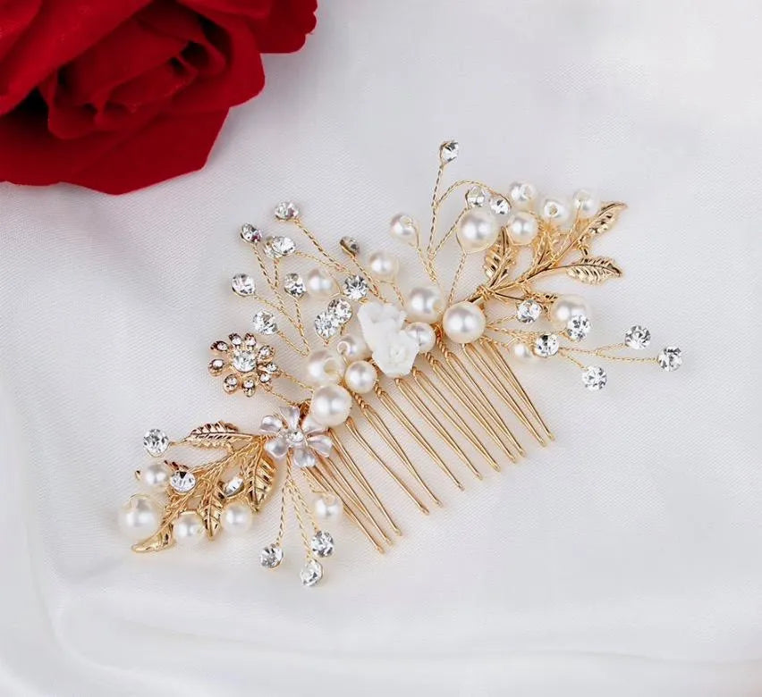 Wedding Hair Accessories - Gold Pearl and Crystal Bridal Hair Comb