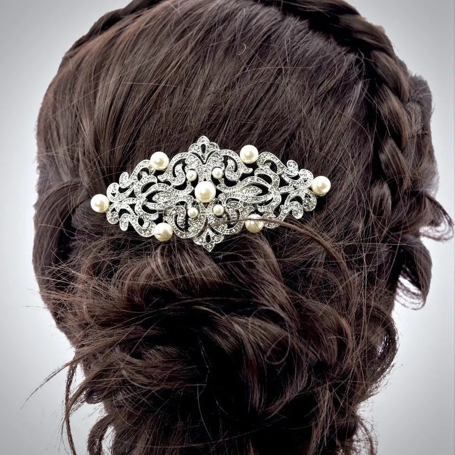 Vintage Bridal Hair Comb with Simulated Pearl Crystal Accents Ivory Pearl and Crystal Floral Wedding Hair Comb in Silver main image 4