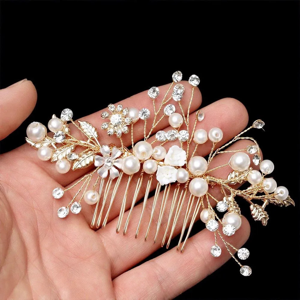 Wedding Hair Accessories - Gold Pearl and Crystal Bridal Hair Comb