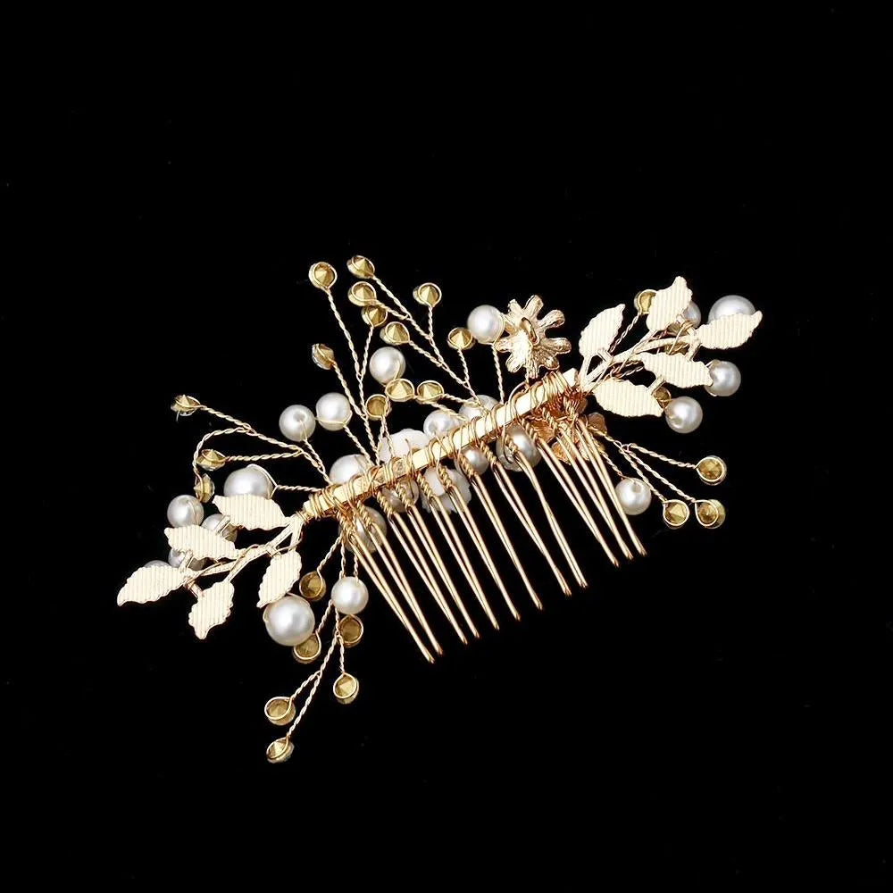 Wedding Hair Accessories - Gold Pearl and Crystal Bridal Hair Comb