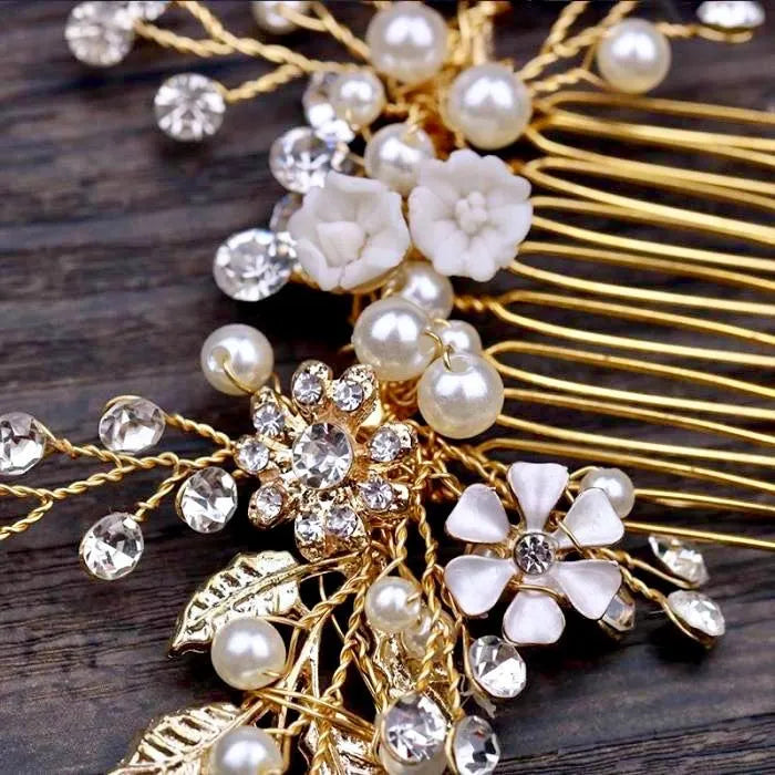 Wedding Hair Accessories - Gold Pearl and Crystal Bridal Hair Comb