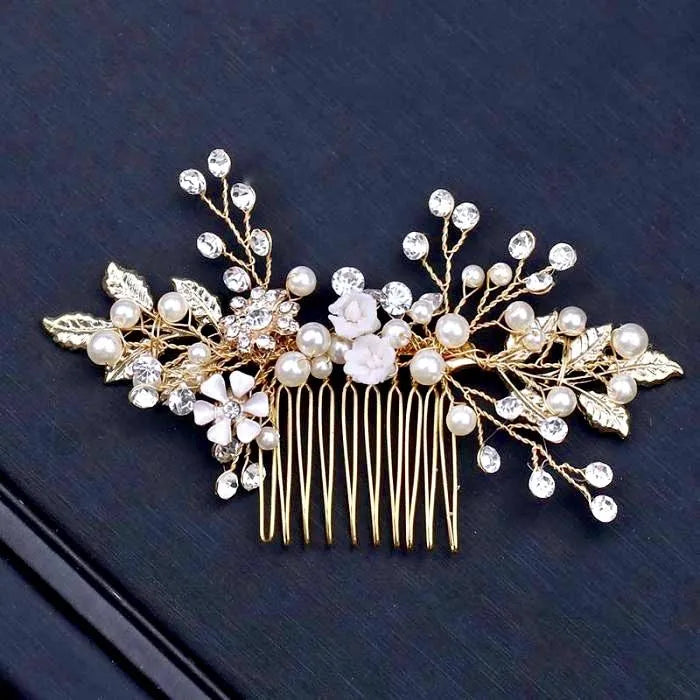 Wedding Hair Accessories - Gold Pearl and Crystal Bridal Hair Comb
