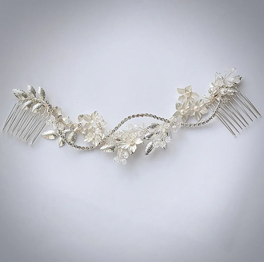 Crystal & Pearl Bridal Hair Vine Headpiece - Silver headband Swarovski Crystal and Pearl Bridal Hair Vine, Crystal and  main image 4