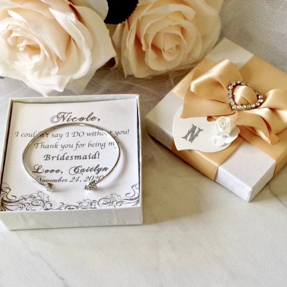 Bridal Party Gifts - Delicate Heart Bangle Bracelet - Available in Silver and Rose Gold