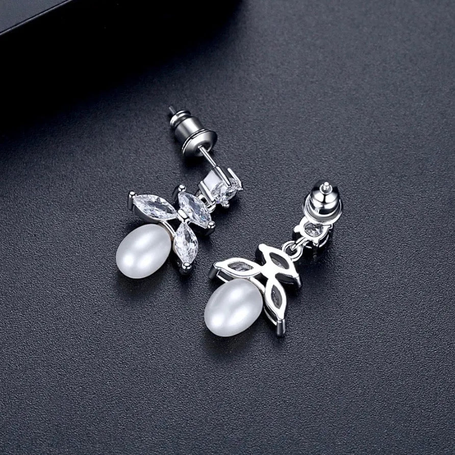 Wedding Jewelry - Pearl and Cubic Zirconia Bridal Earrings