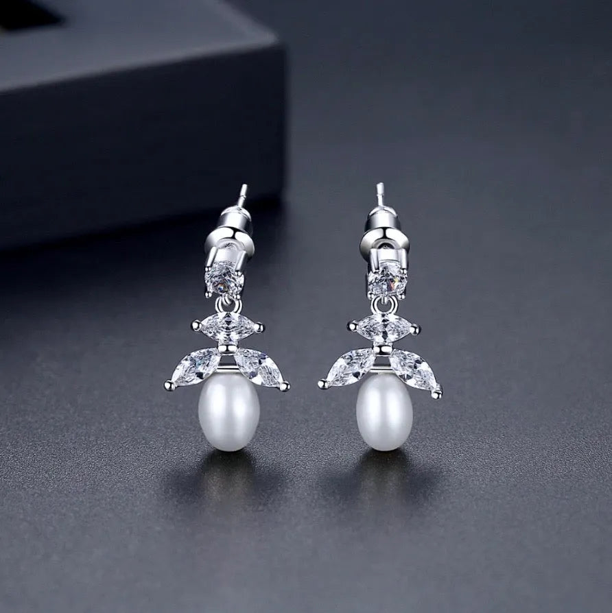 Wedding Jewelry - Pearl and Cubic Zirconia Bridal Earrings