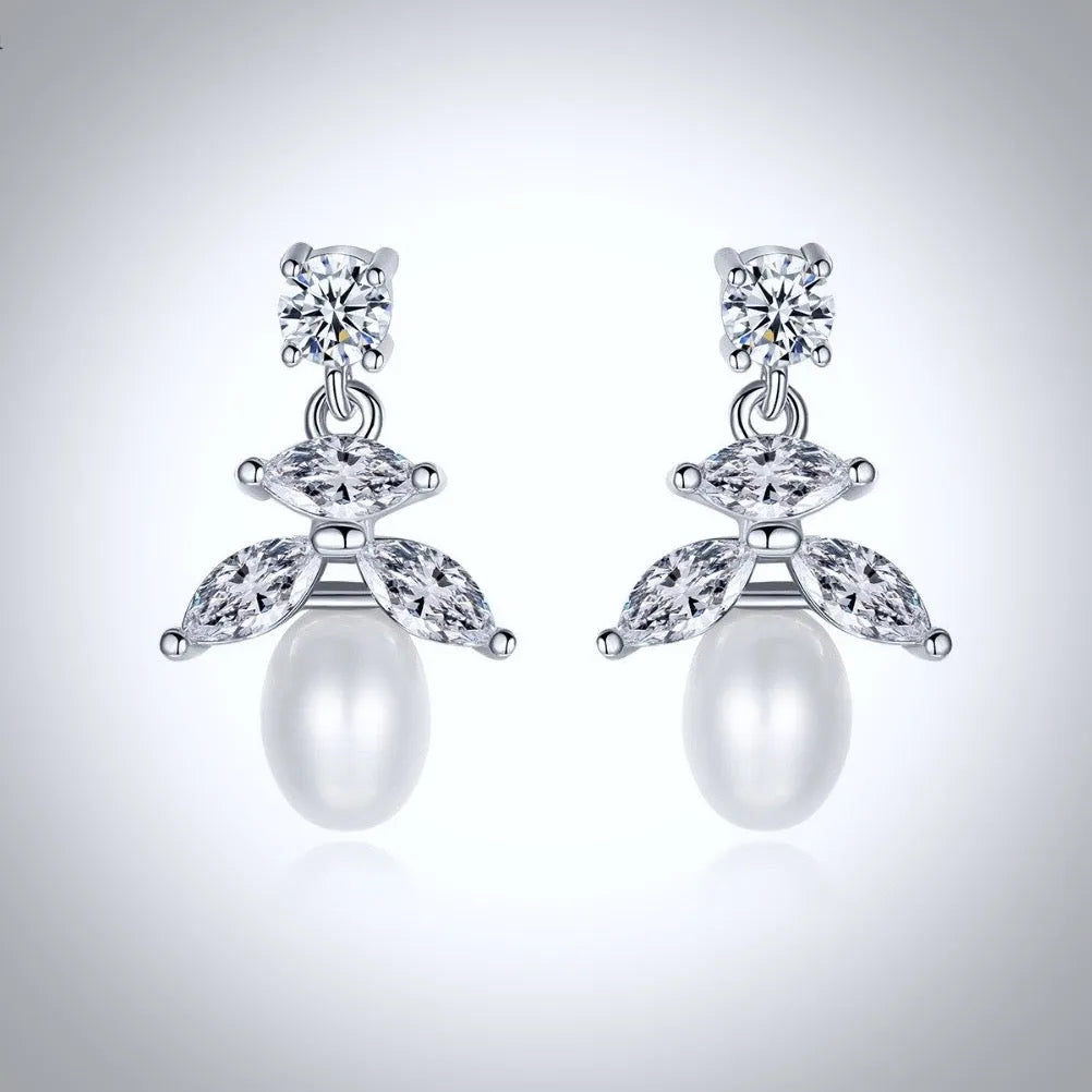 Wedding Jewelry - Pearl and Cubic Zirconia Bridal Earrings