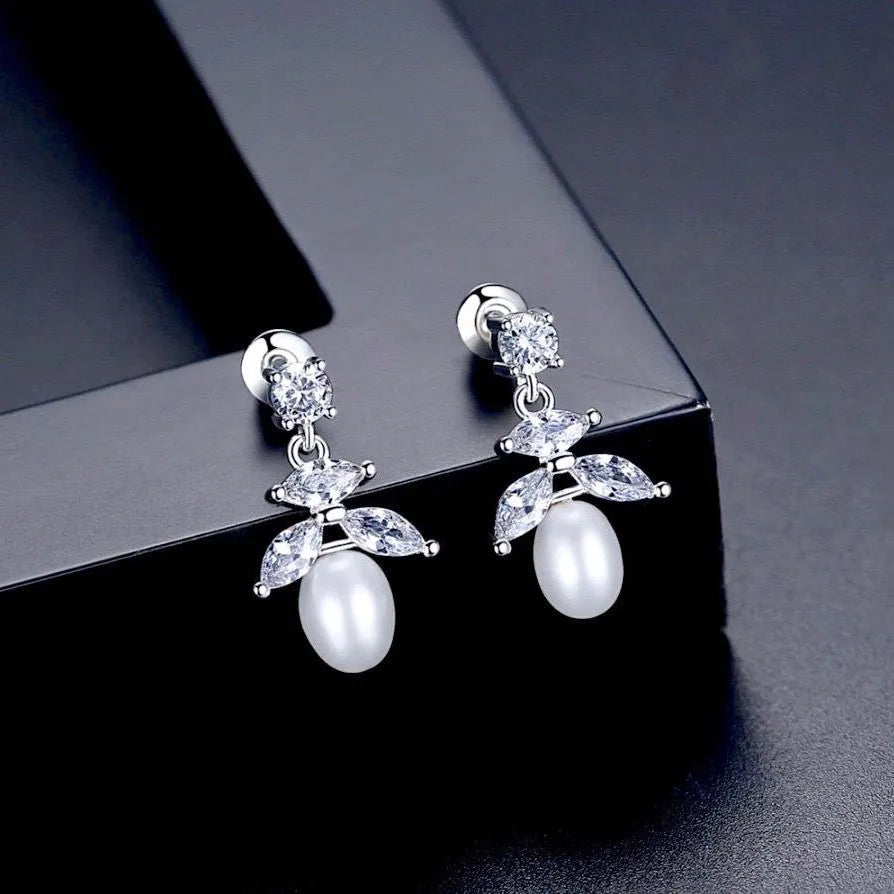 Wedding Jewelry - Pearl and Cubic Zirconia Bridal Earrings