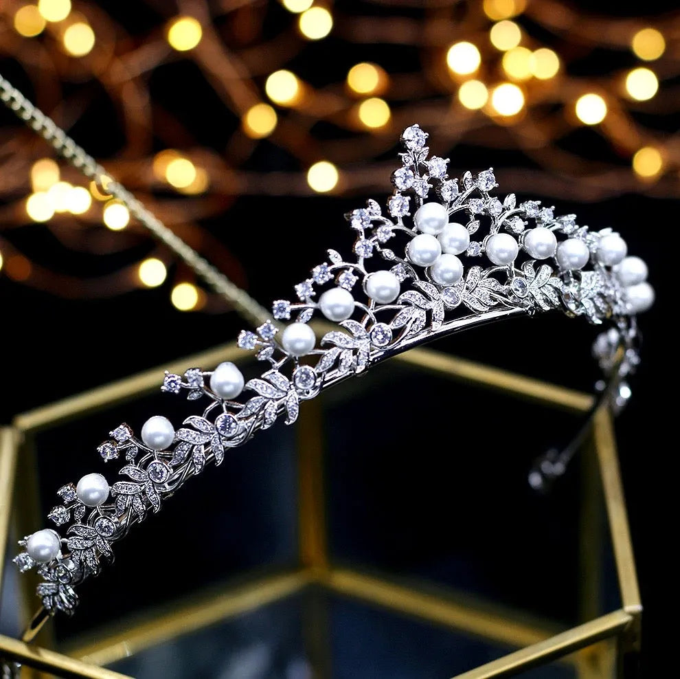 Wedding Hair Accessories - Silver Pearl and Cubic Zirconia Tiara