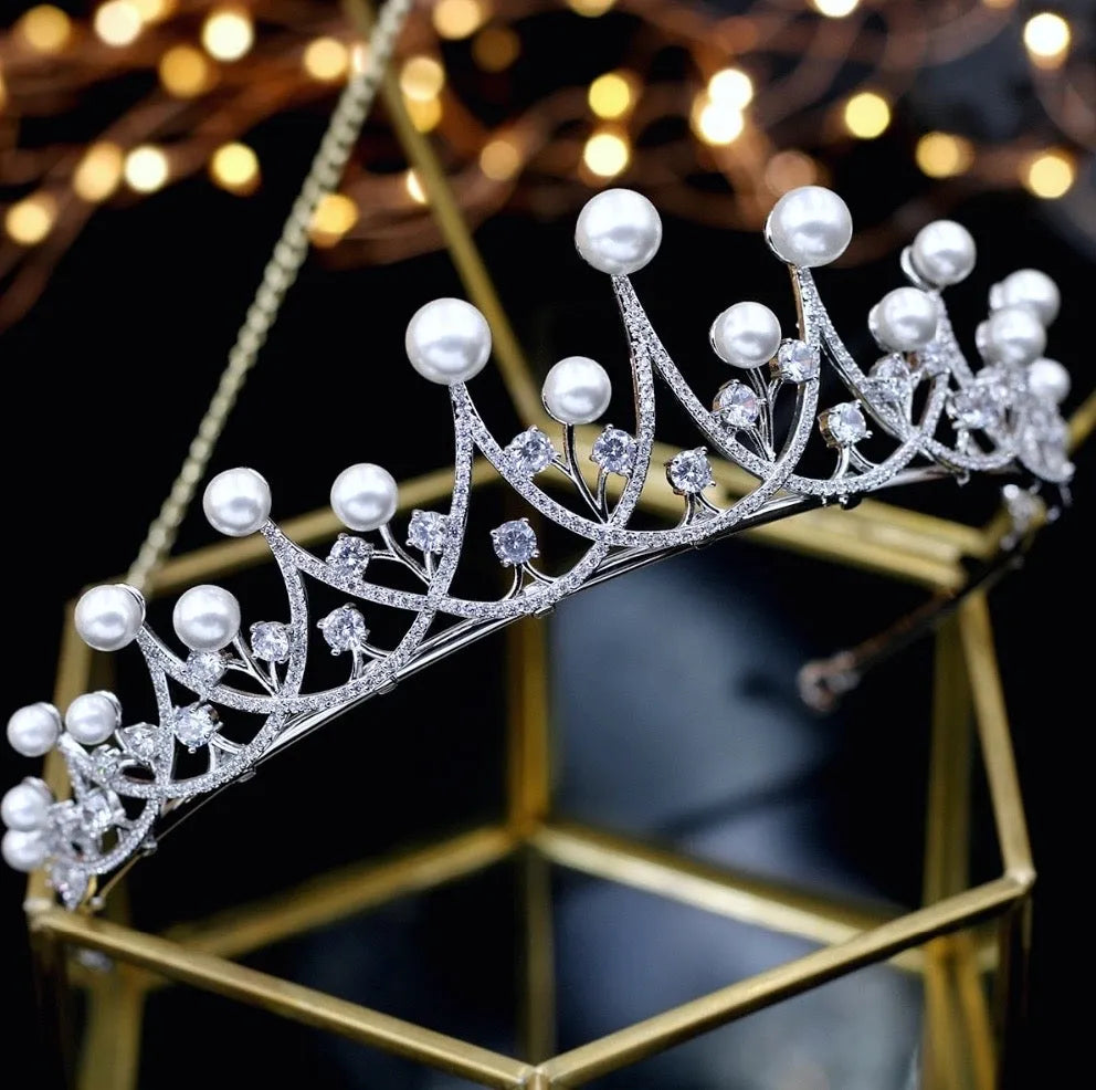 Wedding Hair Accessories - Silver Pearl and Cubic Zirconia Tiara