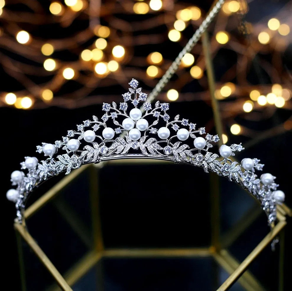 Wedding Hair Accessories - Silver Pearl and Cubic Zirconia Tiara